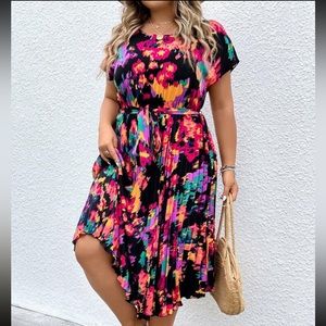 SHEIN VCAY Plus Allover Print Belted Pleated Hem Dress